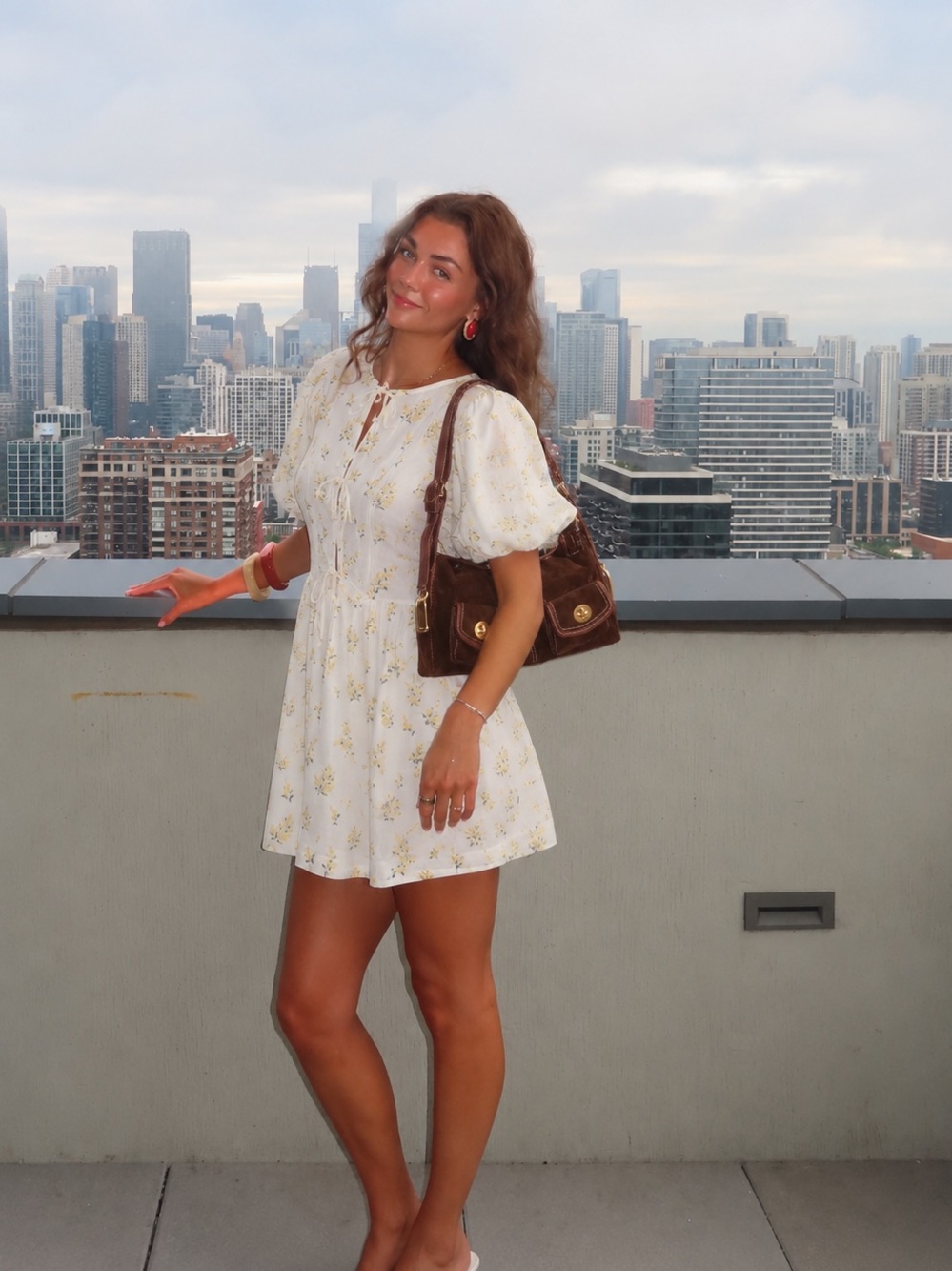 H&M White Linen Cotton Blend Yellow Floral Tie-Front Mini Dress Puff Sleeves XXS